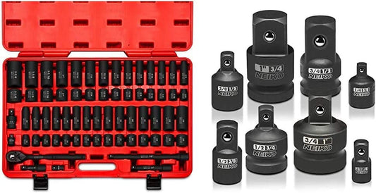 02448A 1/2" Drive Master Impact Socket Set, 65Piece Deep & Shallow Socket Assortment & Metric (10-24 Mm) Sizes & 30223A Impact Adapter and Reducer Set, 8 Piece | Cr-V | SAE